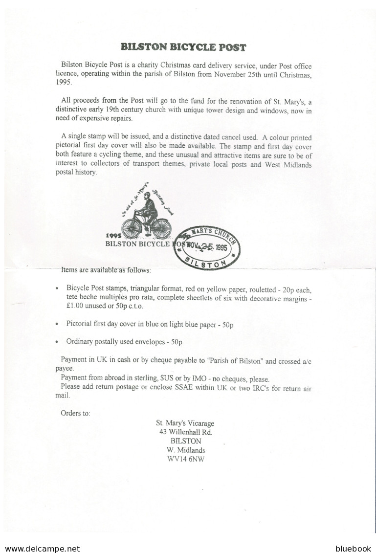 Ref 1601 - GB 1995 Bilston Bicycle Charity Post FDC - West Midlands - Triangle Stamp - Cinderellas