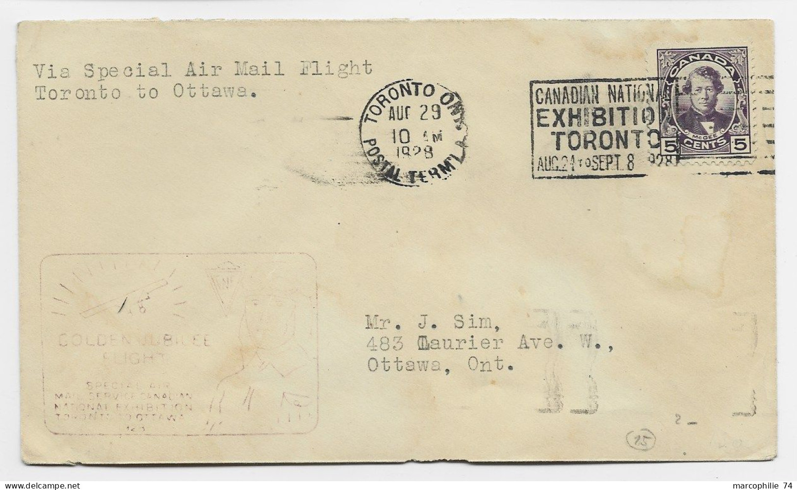 CANADA 5C SOLO LETTRE COVER VIA SPECIAL AIR MAIL FLIGHT TORONTO 1928 TO OTTAWA - Covers & Documents