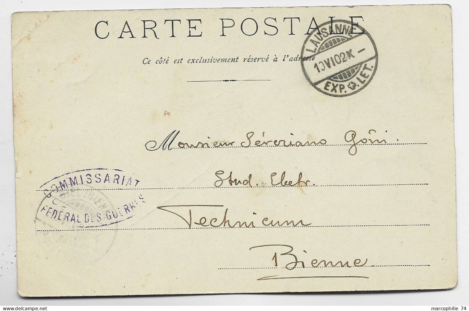 HELVETIA SUISSE CARTE OUCHY LAUSANNE EXP LETT 1902 + COMMISARIAT FEDERAL DES GUERRES - Oblitérations