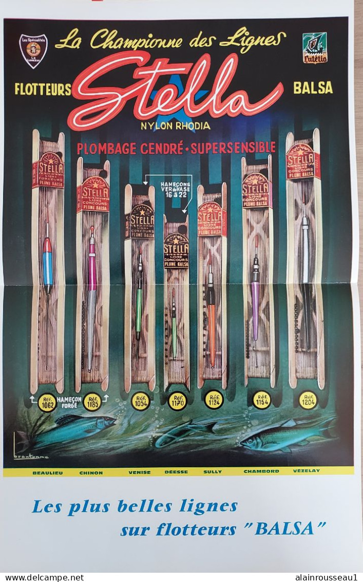 Affiche Publicitaire Flotteurs STELLA "la Championne Des Lignes" Une Spécialité Lutétia Dimension 45*28cm - Pêche