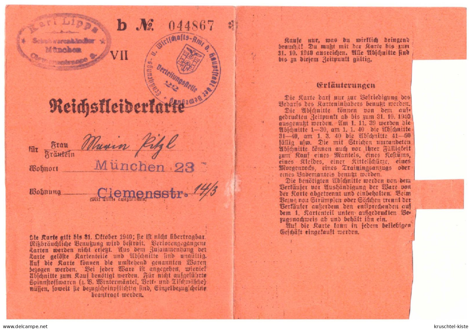 DT-Reich (020964) Propaganda Reichskleiderkarte Bis Oktober 1940 München Benützt - Documents