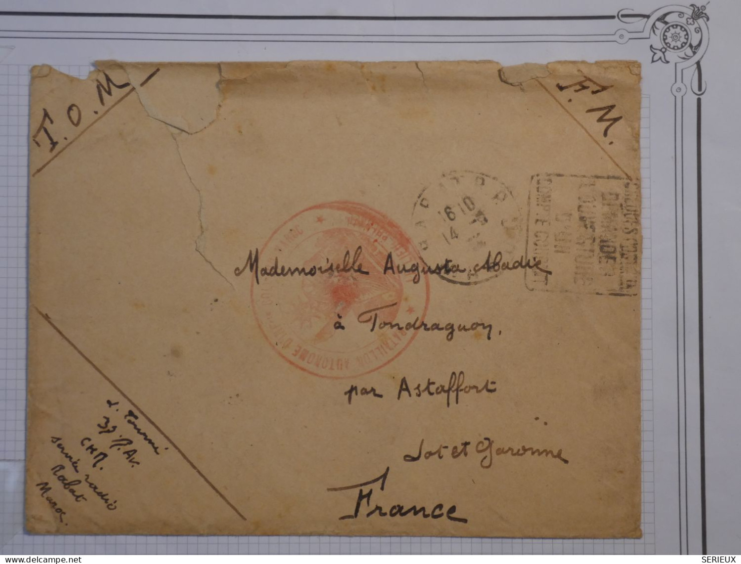 AR 26 FRANCE TOM   LETTRE  FM 1914  T.O.M.  A PAR ASTAFFORT+ A VOIR+AFFRANC. INTERESSANT - Other & Unclassified