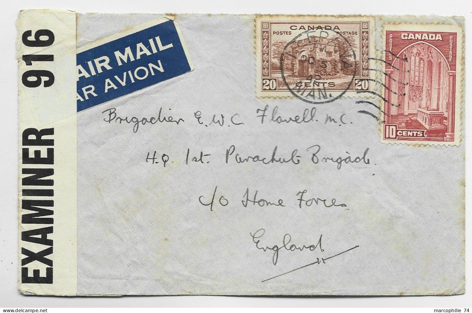 CANADA 20C+10C LETTRE COVER MANQUE UN RABAT NLERAWA 1942 TO ENGLAND CENSOR - Briefe U. Dokumente