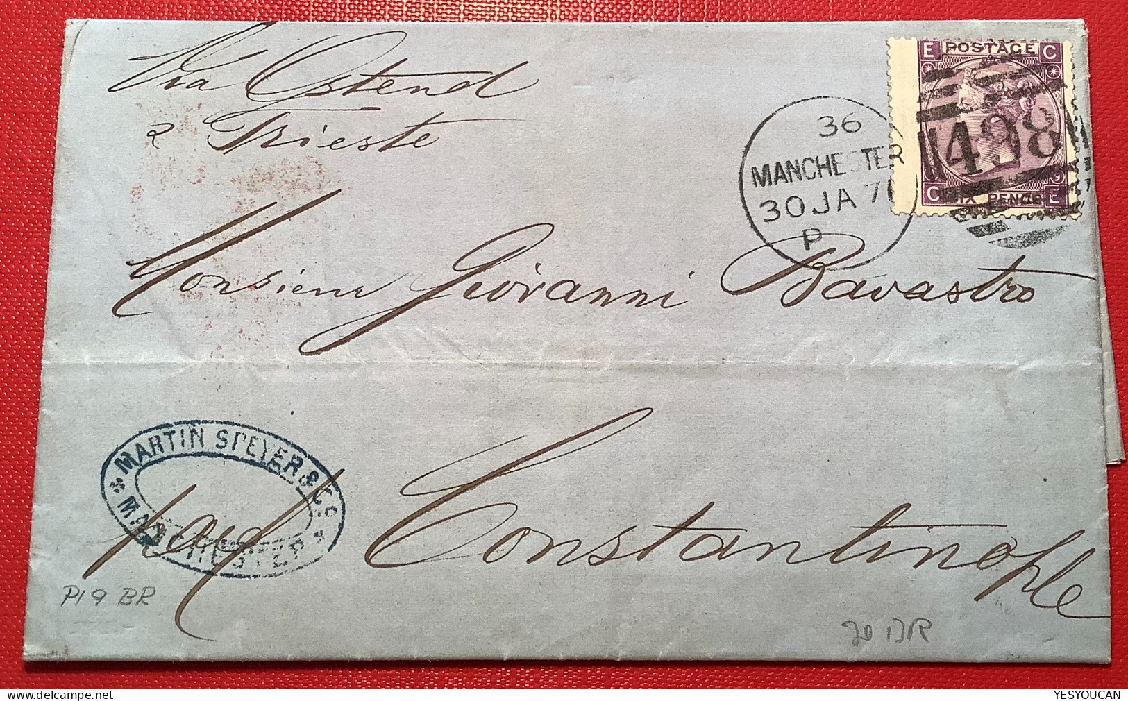 GB MANCHESTER 1871 Cover>BRITISH POST OFFICE CONSTANTINOPLE Via Ostende-Triest (Queen Victoria SG109 Turkey Used Abroad - Covers & Documents