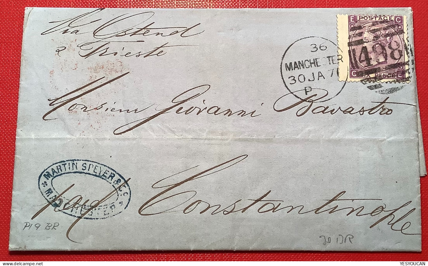 GB MANCHESTER 1871 Cover>BRITISH POST OFFICE CONSTANTINOPLE Via Ostende-Triest (Queen Victoria SG109 Turkey Used Abroad - Brieven En Documenten