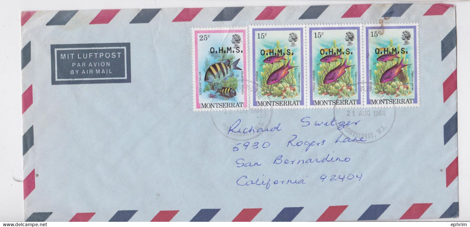 Montserrat Enveloppe Lettre Timbre Poisson Corail OHMS Coral Fish Stamp Air Mail Cover 1984 - Montserrat