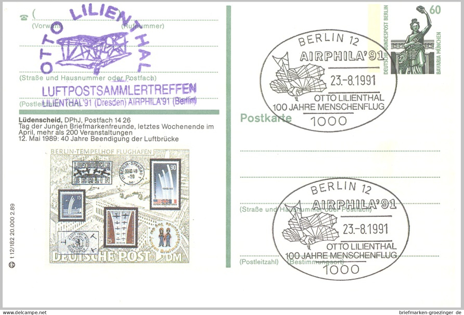 Berlin Privatpostkarte Airphila 91 Sst.-16-6318 - Cartoline Private - Usati