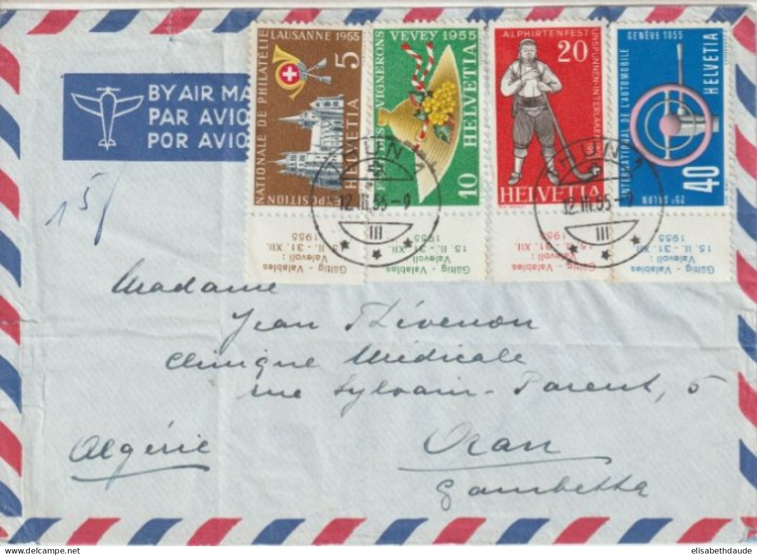 SUISSE - 1955 - SERIE COMPLETE BORD DE FEUILLE ! Sur ENVELOPPE Par AVION De THUN  => ORAN (ALGERIE) ! - Covers & Documents