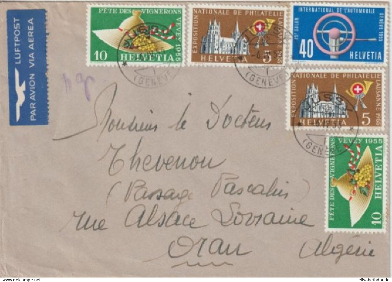 SUISSE - 1955 - ENVELOPPE Par AVION De JUSSY (GENEVE) => ORAN (ALGERIE) ! - Covers & Documents
