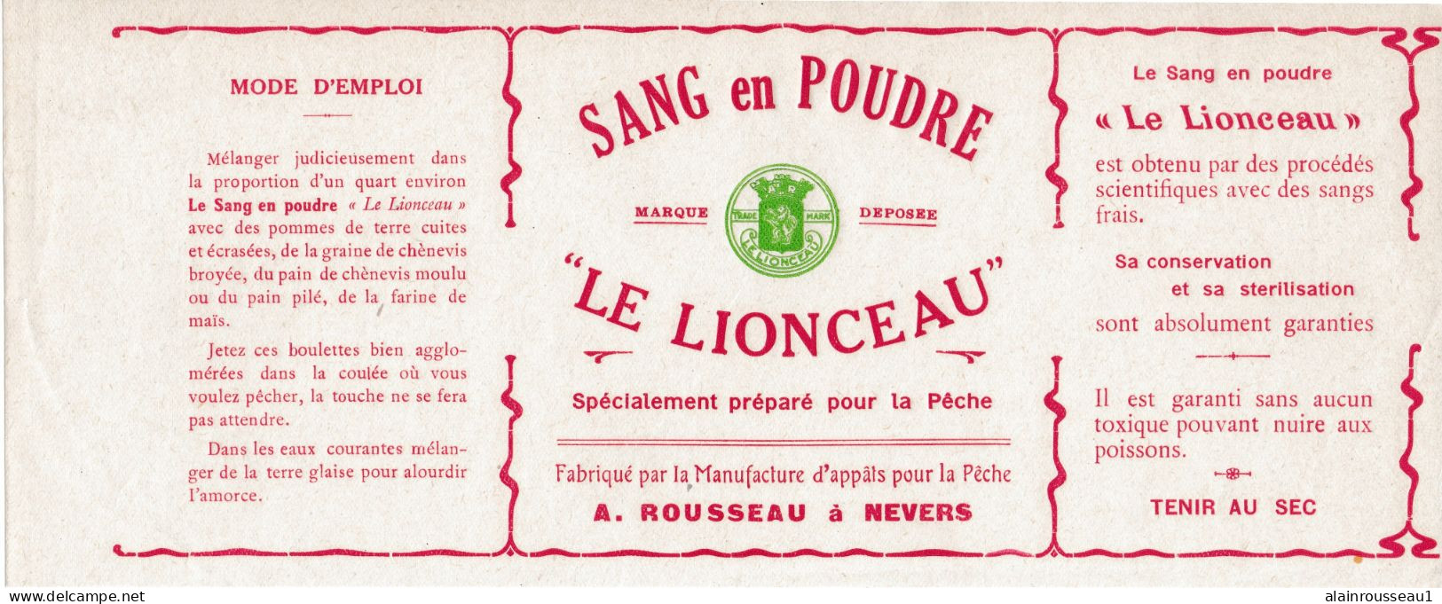 Affichette Sang En Poudre "Le Lionceau" Fabriqué Par La Manufacture A.Rousseau - Vissen