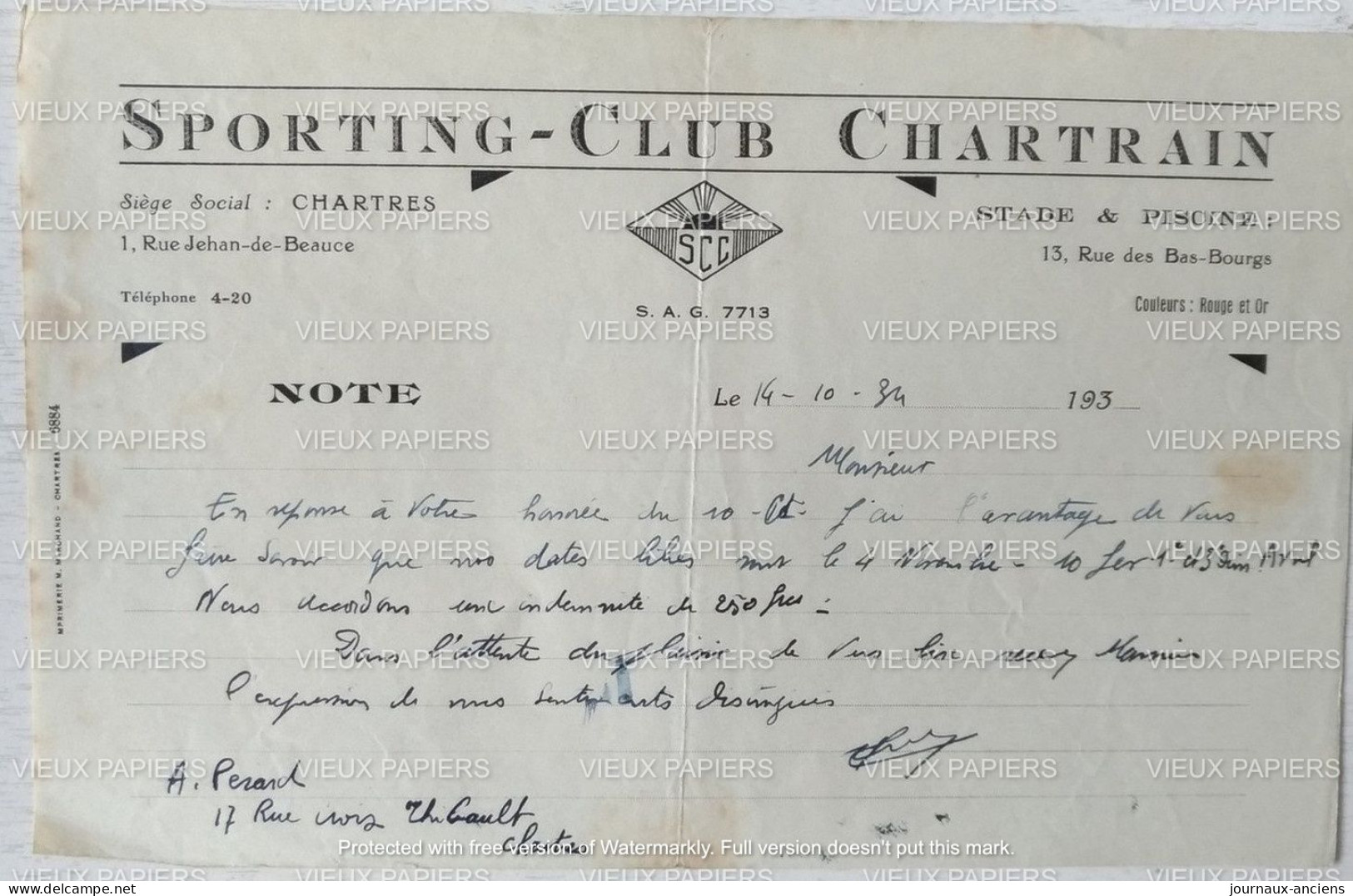 1934 CHARTRES ( 28 ) - SPORTING CLUB CHARTRAIN ( S.C.U. ) - SECTION FOOTBALL - 1 RUE JEHAN DE BEAUCE - Sport & Tourismus