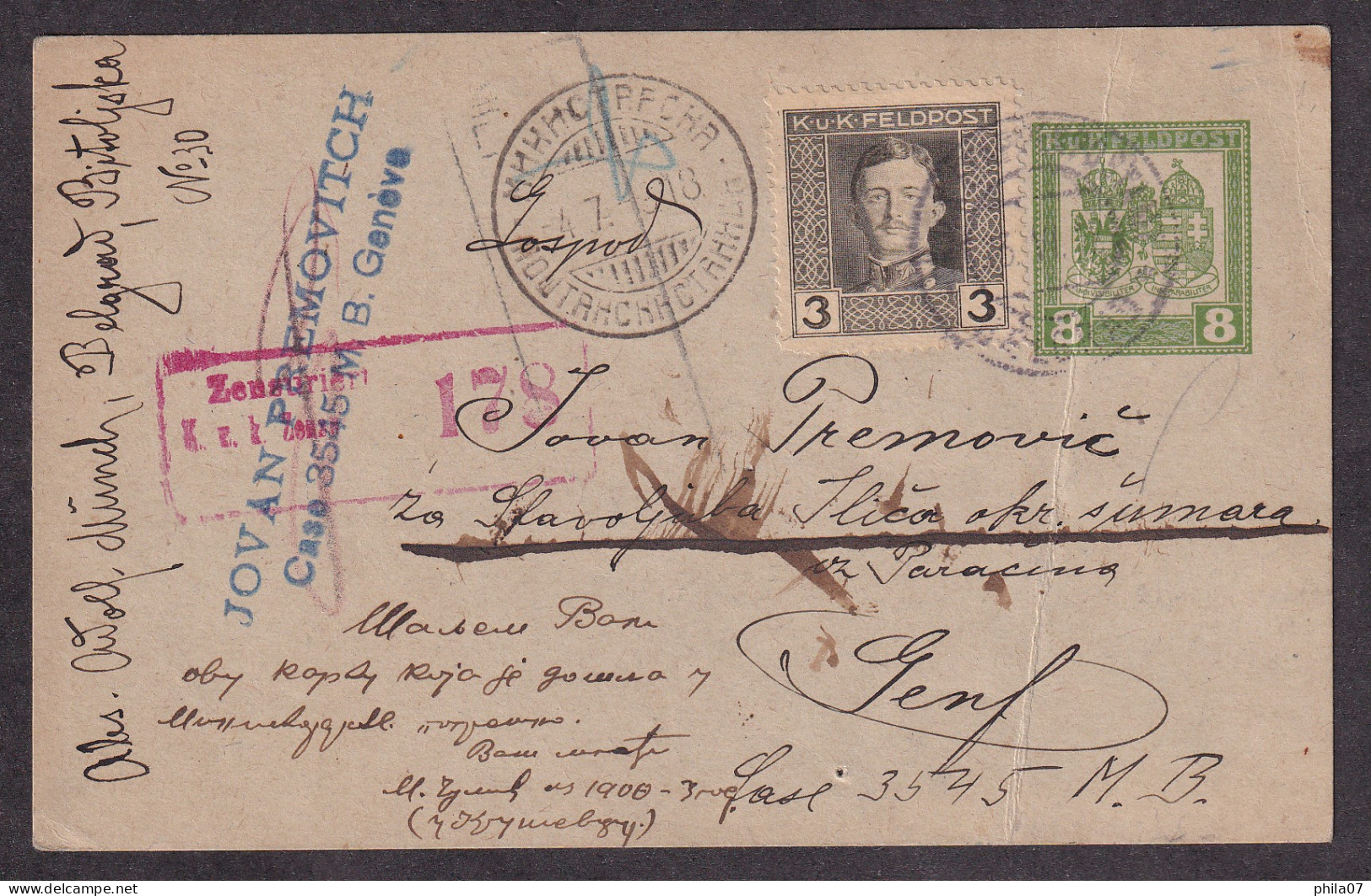 SERBIA, AUSTRIA – WWI Military Mail Card Of Austria Sent From Beograd To Geneva 23.06. 1918 / 2 Scans - Serbie