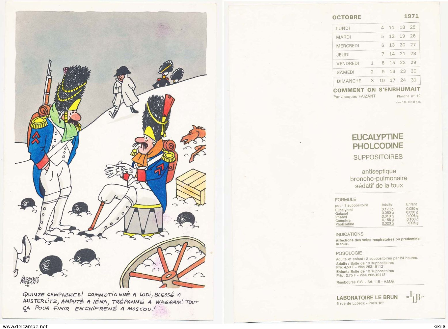 Carton 18 X 27 Illustrateur JACQUES FAIZANT Calendrier Octobre 1971 Comment On S'enrhumait Laboratoires Le Brun  * - Faizant