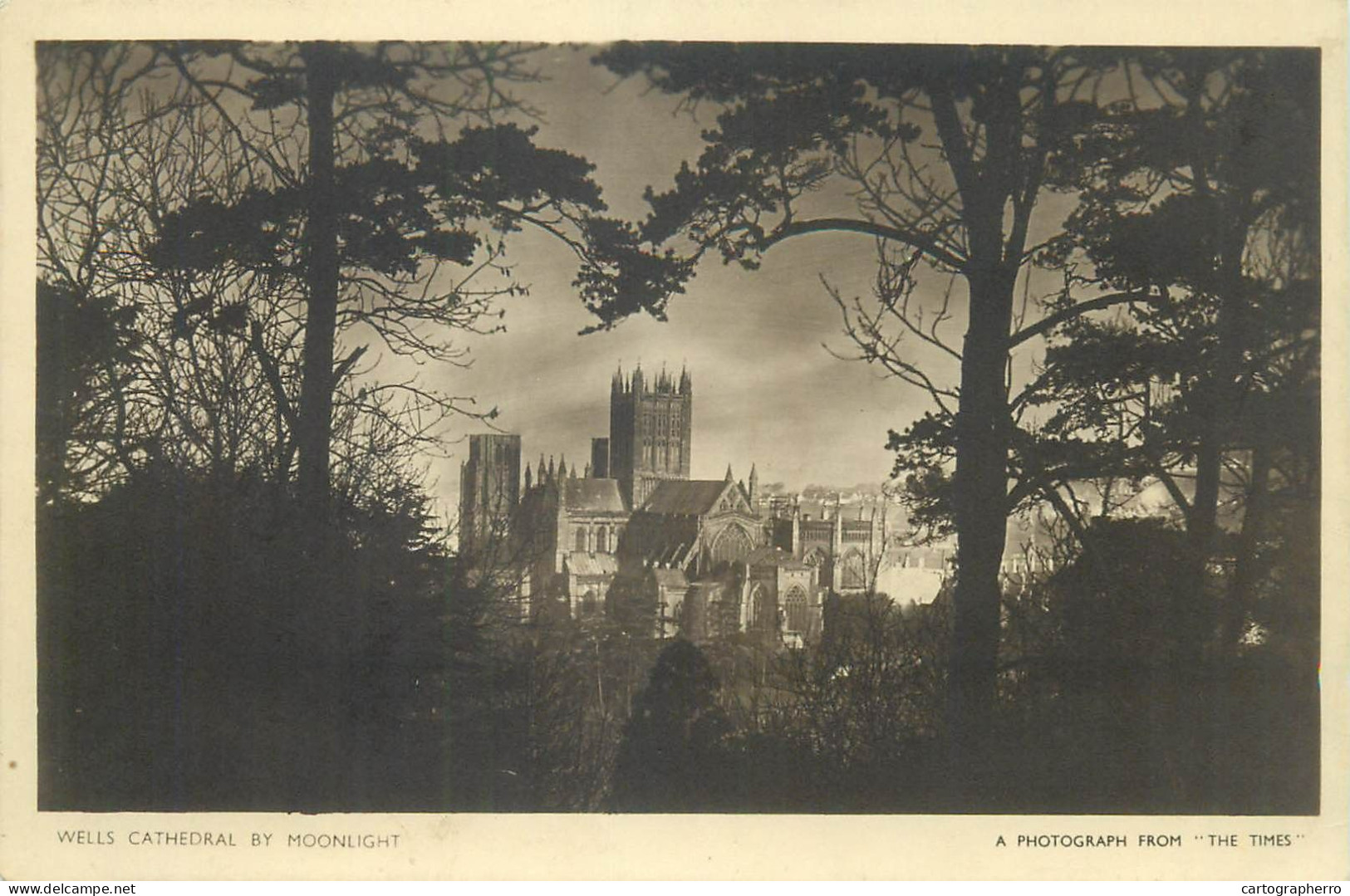 England Wells Cathedral Moonlight View Photograph From "The Times" - Wells
