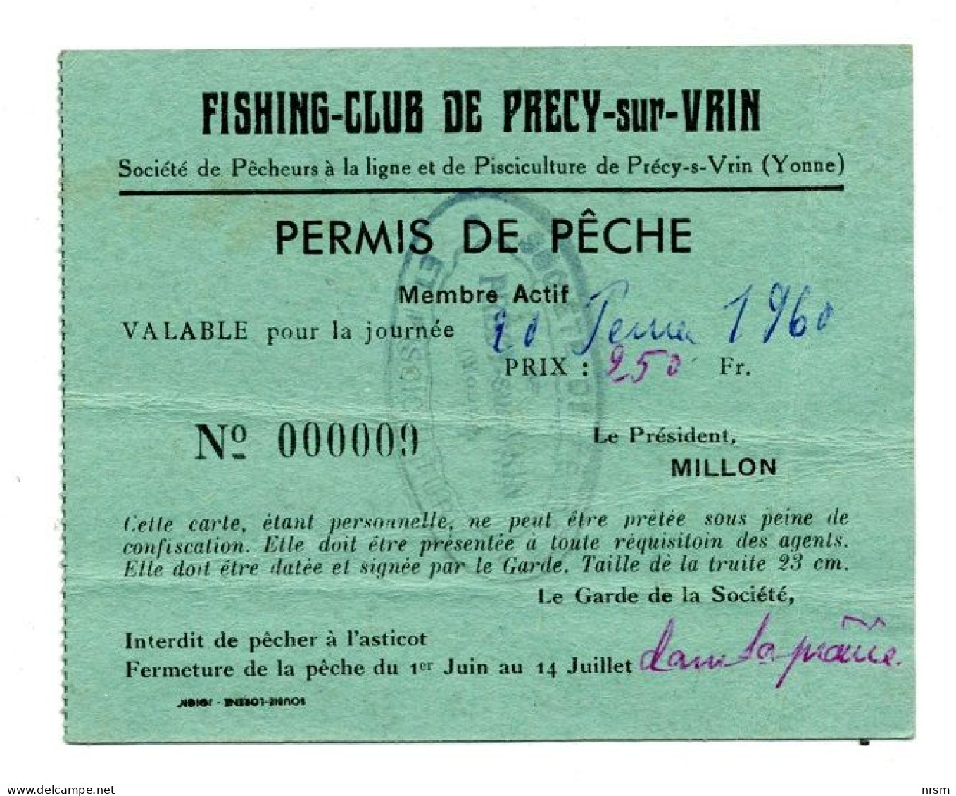 Matériel De Pêche / Collection Thème Pêche / Ancienne Carte De Pêche à La Journée / Précy Sur Vrin (89) / 1960 - Vissen