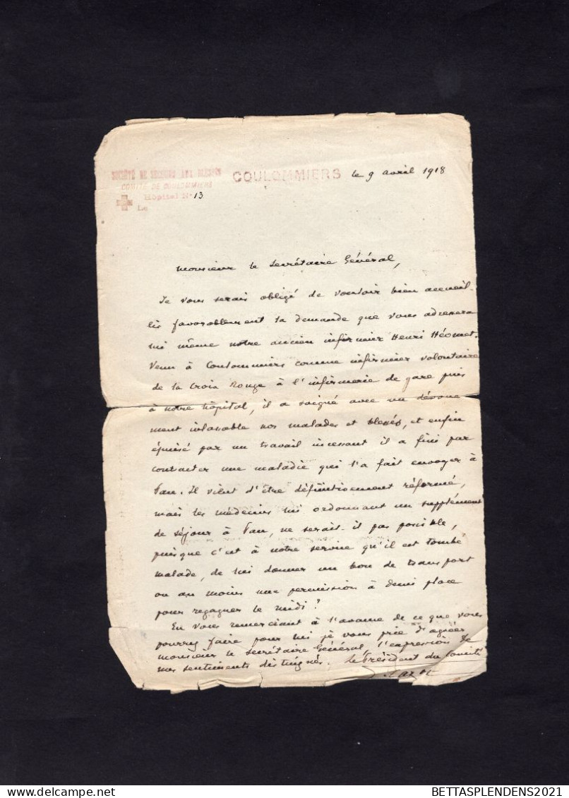 COULOMMIERS - Courrier 1918 Entête  SOCIETE De SECOURS Aux BLESSES - Comité De Coulommiers - Hôpital N° 13 - Croix Rouge - Documents