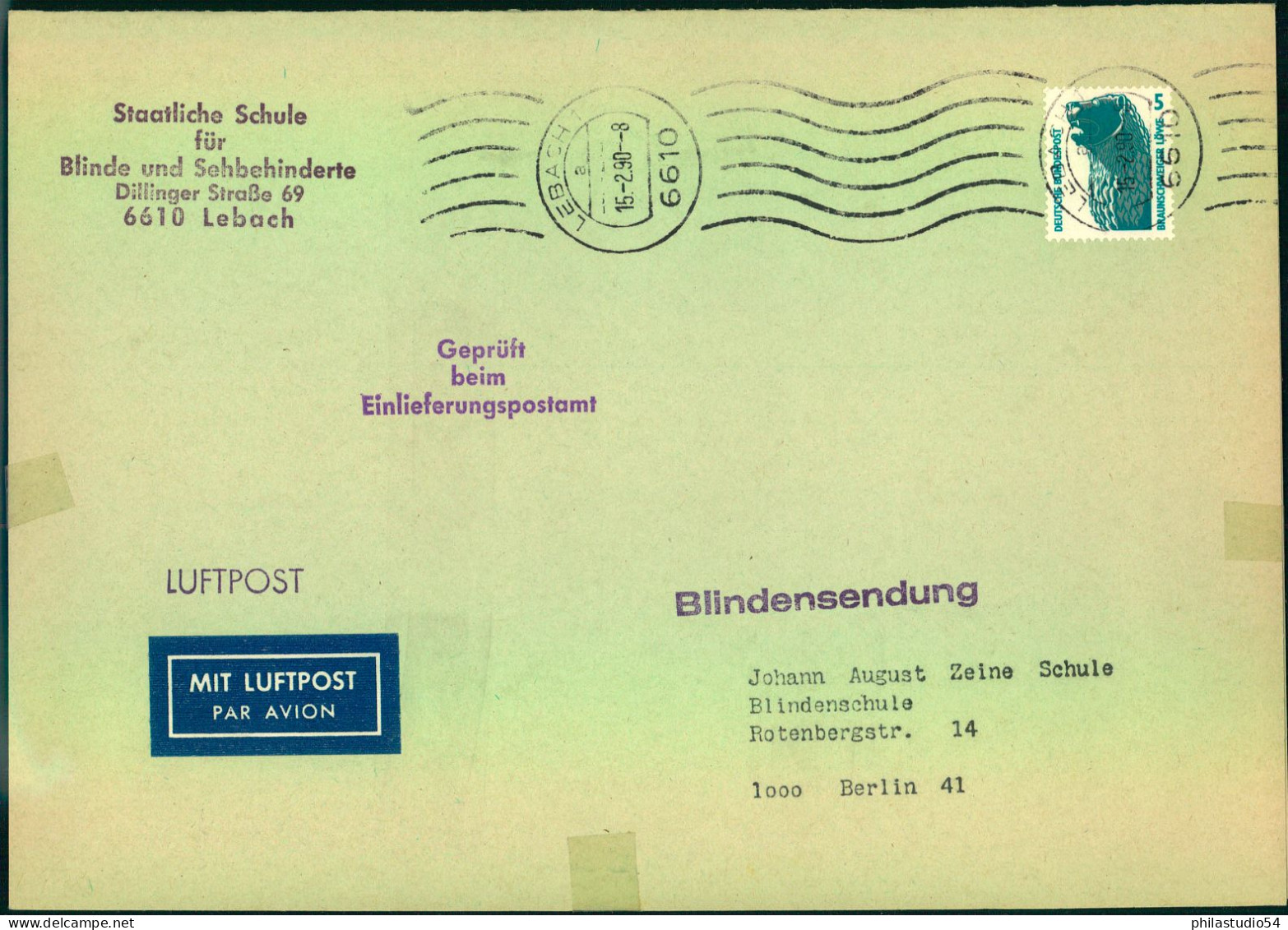 1990, Blindensendung Mit 5 Pfg. Sehenswürdigkeiten Als EF Für Luftpostzuschlag. Mit Einlageblatt - Other & Unclassified