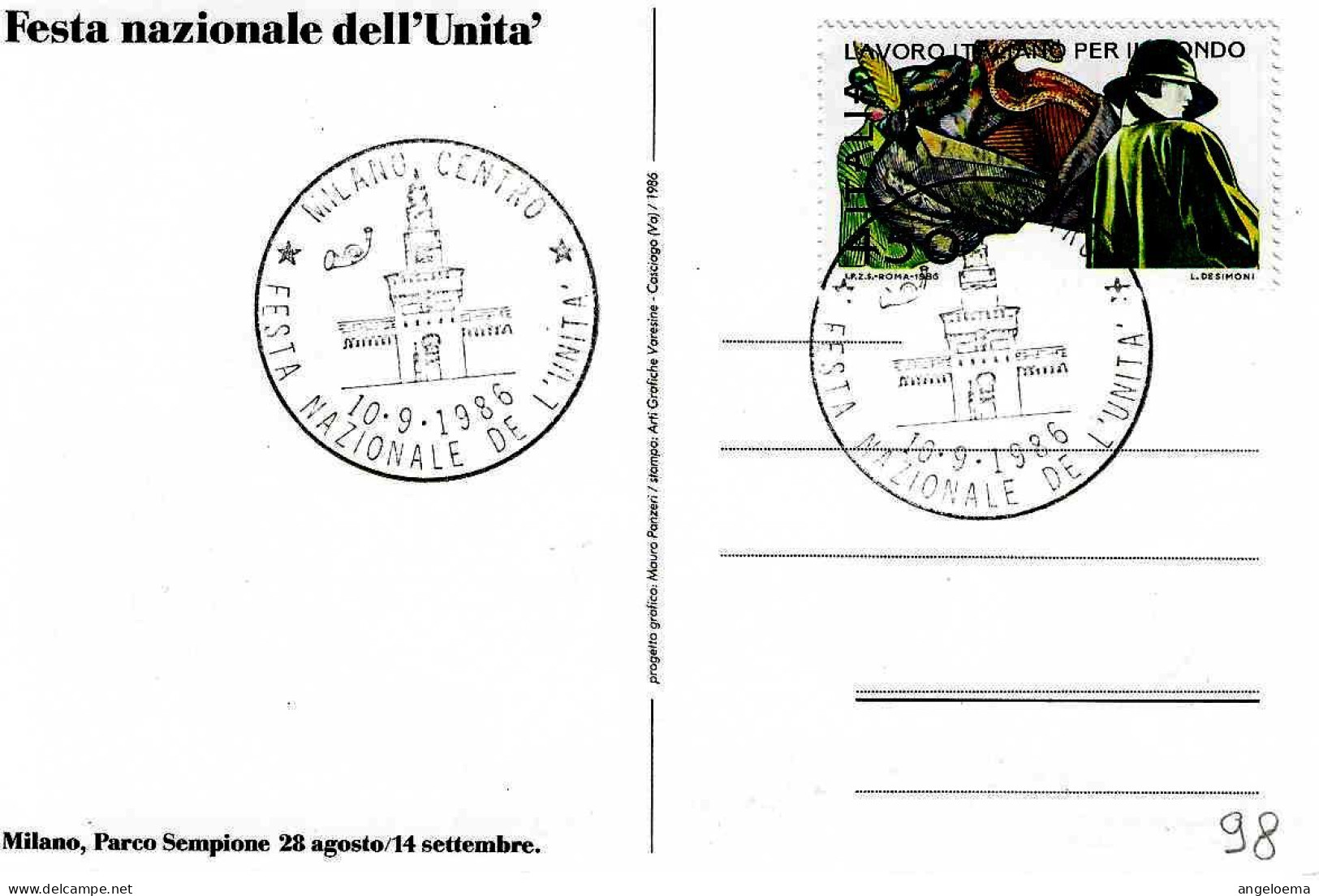 ITALIA ITALY - 1986 MILANO Festa Nazionale Unità - Torre Del Filarete Castello Sforzesco Su Cartolina Speciale - 98 - Châteaux