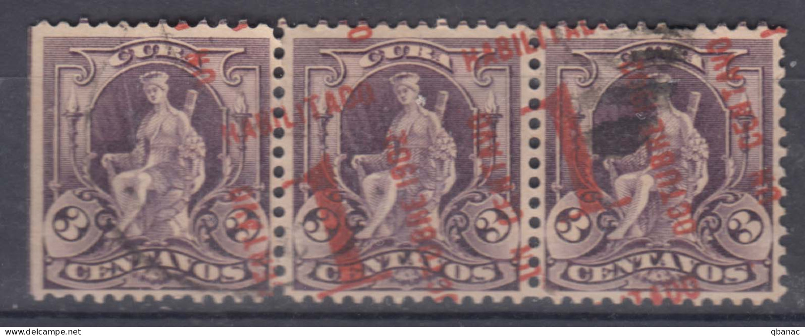 Cuba 1902 Mi#7 Used Strip Of 3, Great Error Overprint - Usati