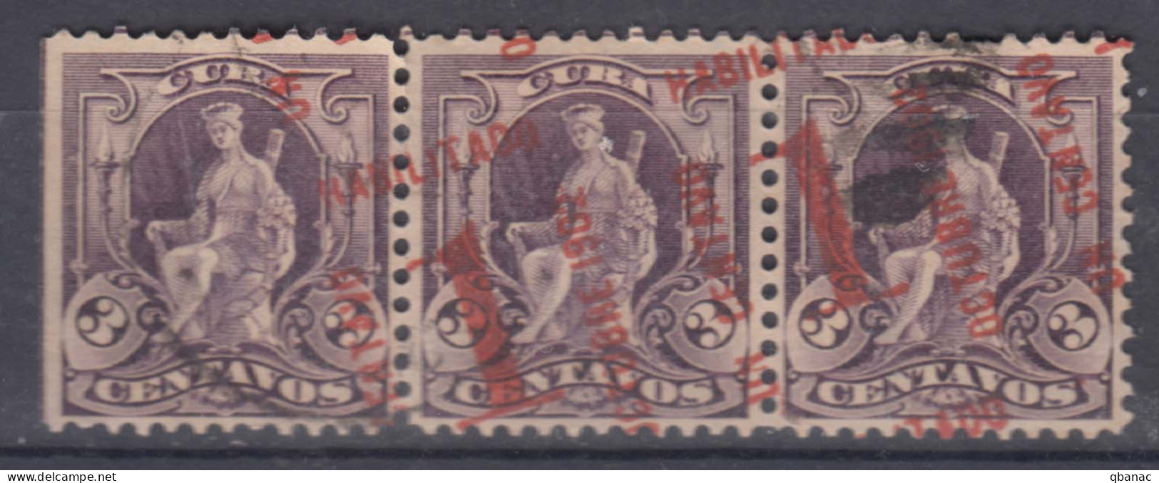 Cuba 1902 Mi#7 Used Strip Of 3, Great Error Overprint - Gebruikt