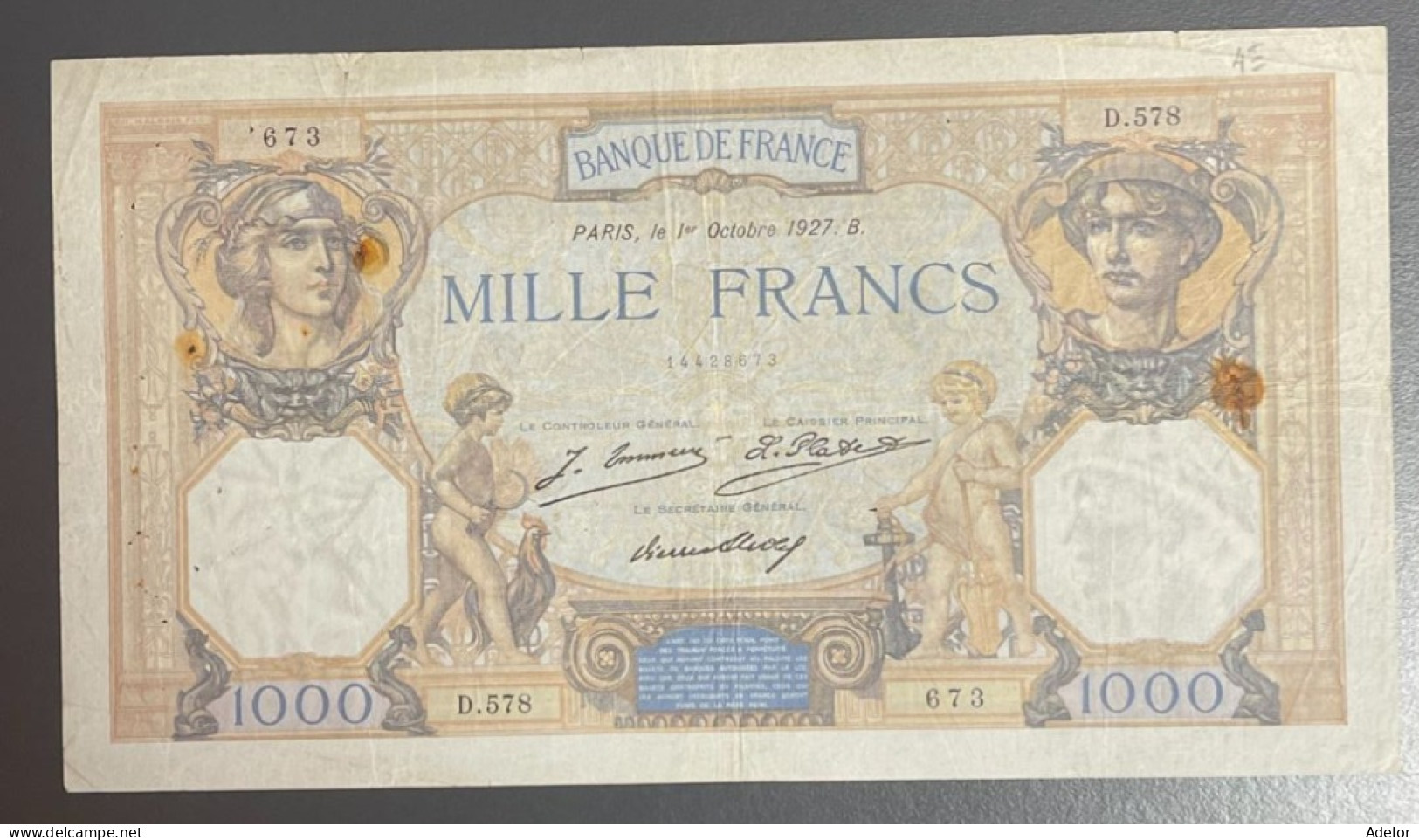 Beau Billet De 1000 Francs Cérès Et Mercure, 1 Octobre 1927.B. 1ère Date. TB/TB+ - 1 000 F 1927-1940 ''Cérès Et Mercure''