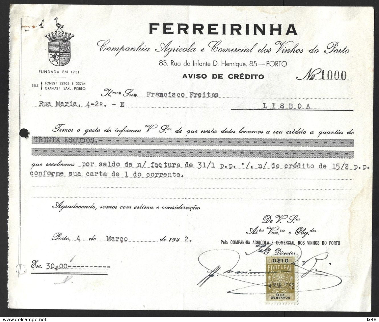 Invoice For Porto Ferreirinha Wines. Port Wine Agricultural And Commercial Company. 1952. Drink. Cross Of Infante D. Hen - Portugal