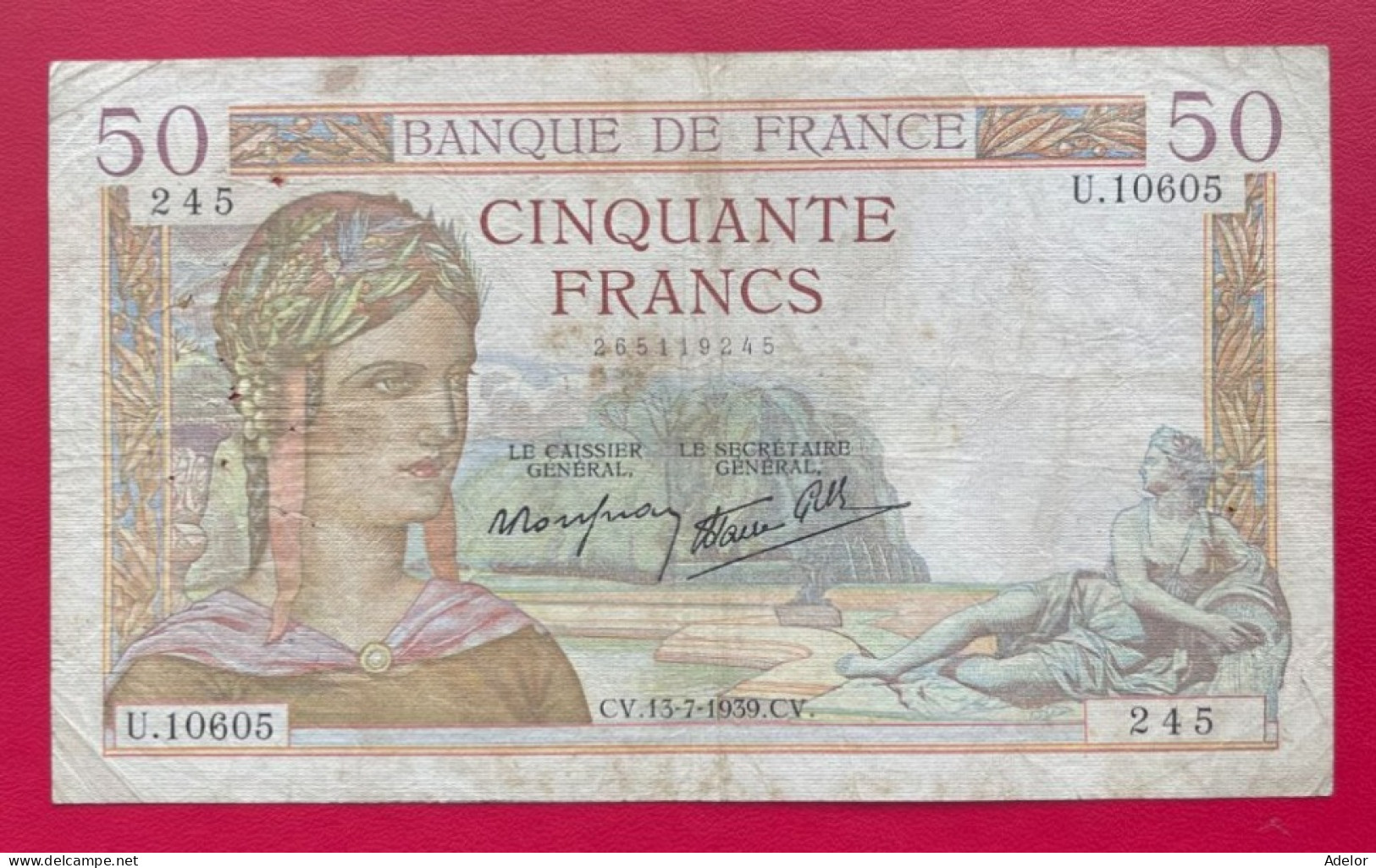 Beau Billet De 50 Francs Cérès CV.13-7-1939.CV. Etat TB/TB+ - 50 F 1934-1940 ''Cérès''