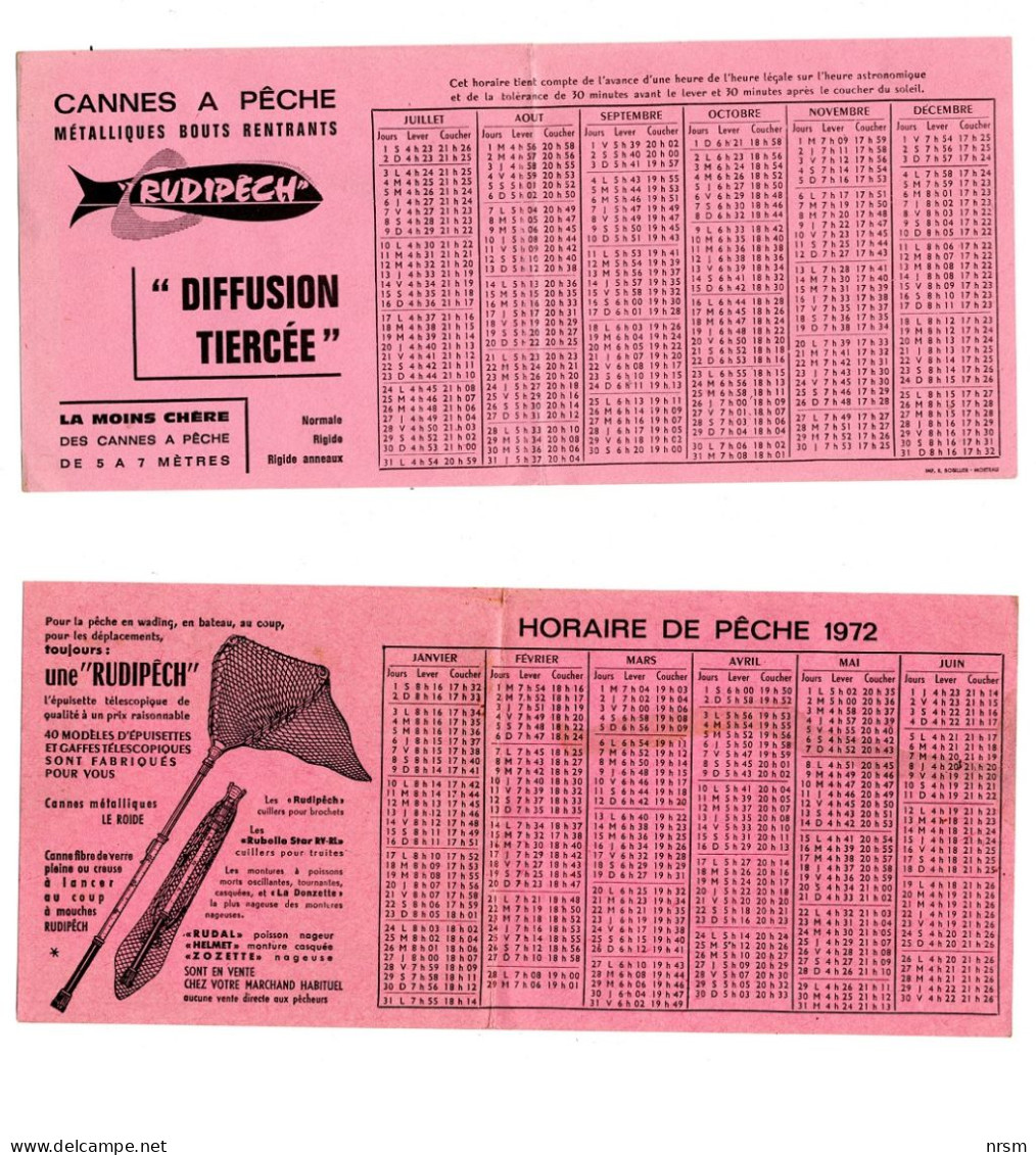 Matériel De Pêche / Collection Thème Pêche / Horaires De Pêche De 1972 / Publicité RUDIPÊCH - Pesca
