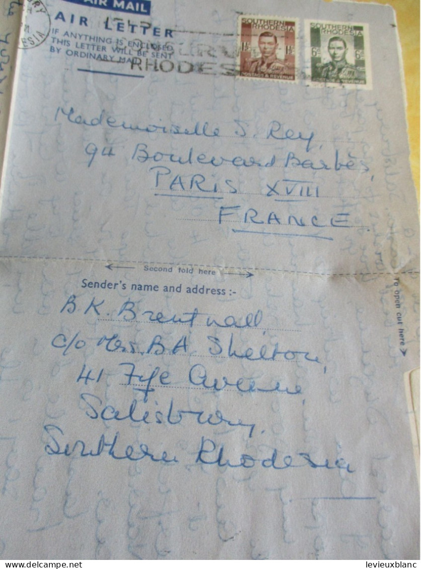 Lettre Manuscrite Ancienne Affranchie/ SOUTHERN RHODESIA/ Salisbury - Paris/ Avec Timbres/ 1951              TIMB156 - Zimbabwe (1980-...)