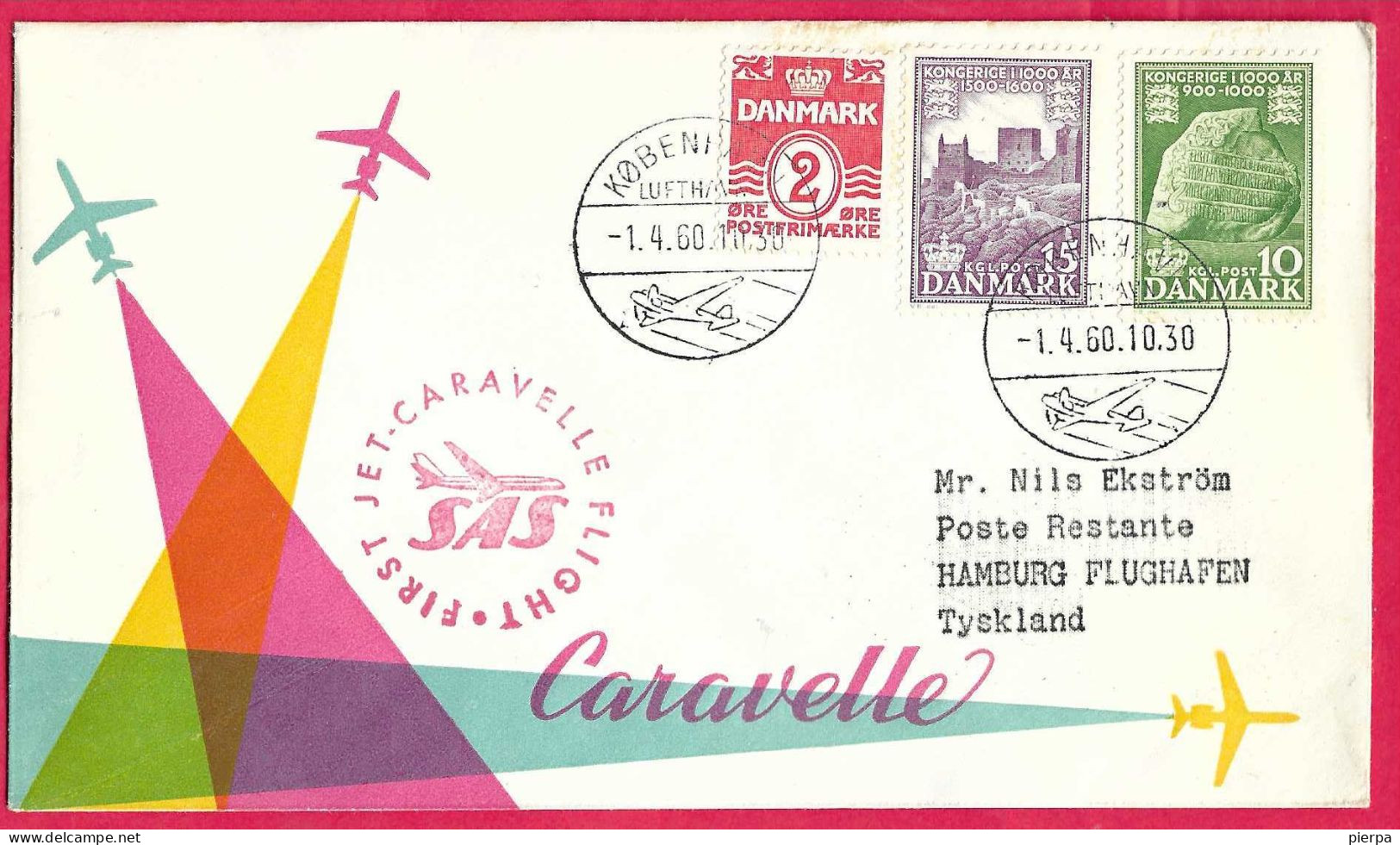 DANMARK - FIRST CARAVELLE FLIGHT - SAS - FROM KOBENHAVN TO HAMBURG * 1.4.60* ON OFFICIAL COVER - Poste Aérienne