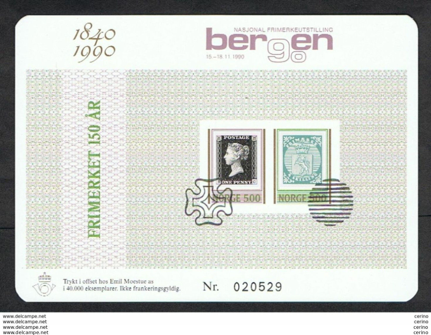 NORWAY: 1990 "BERGEN '90 CARDBOARD No. 20529 - REPRODUCTION OF FIRST STAMPS 5 K. + 5 K. (1001 + 1002) - Probe- Und Nachdrucke