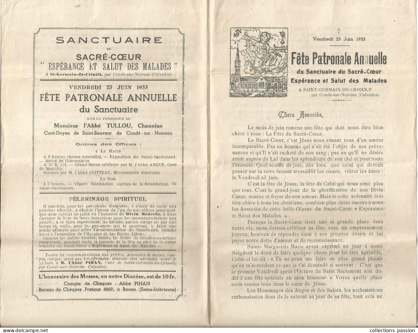 1933 , Fête Patronale Annuelle Du Sanctuaire Du Sacré Coeur , Espérance Et Salut Des Malades, Frais Fr 1.75 E - Programs