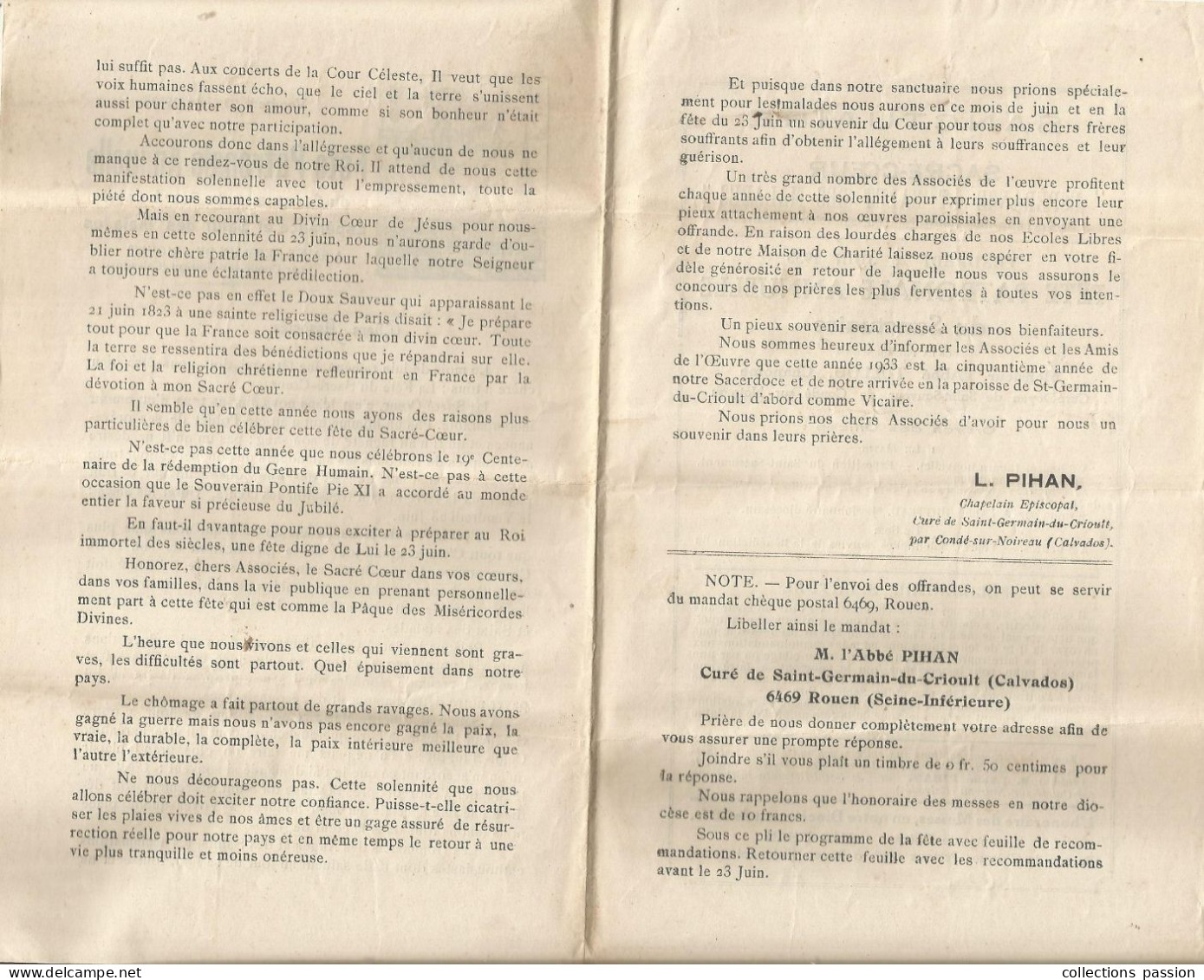 1933 , Fête Patronale Annuelle Du Sanctuaire Du Sacré Coeur , Espérance Et Salut Des Malades, Frais Fr 1.75 E - Programme