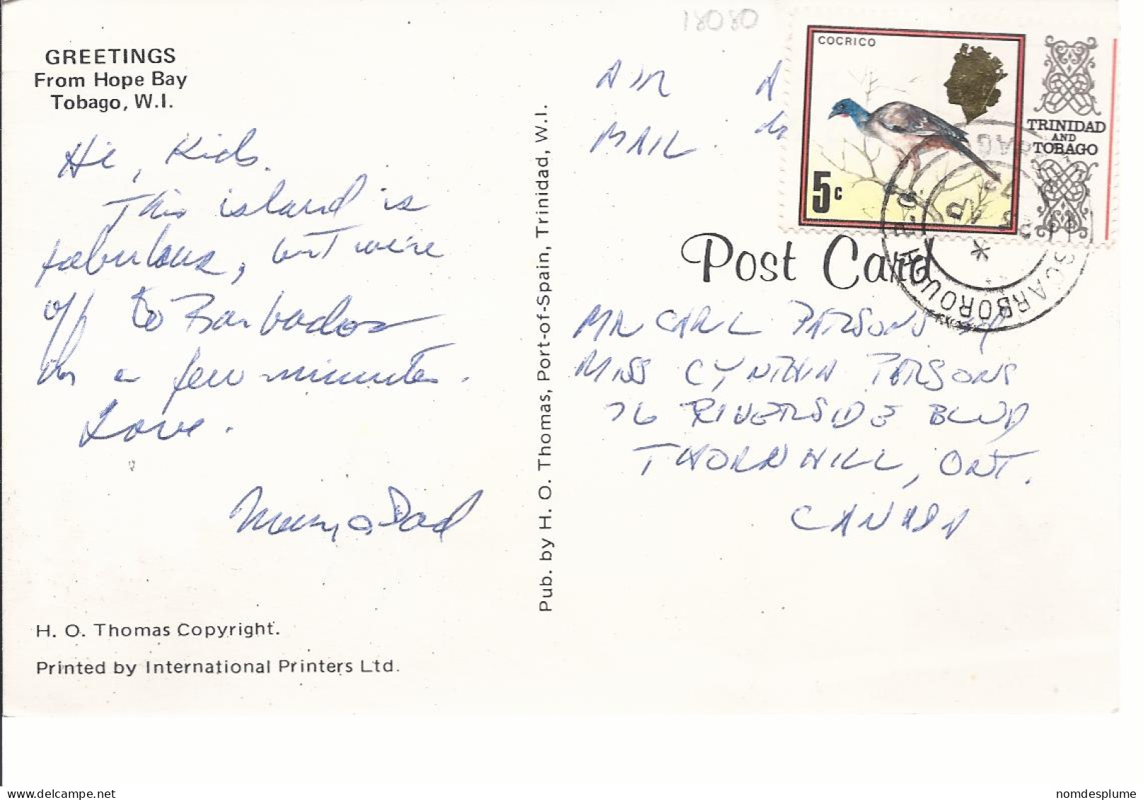 18080) West Indies Tobago Hope Bay Postmark Cancel See Back - Trinidad