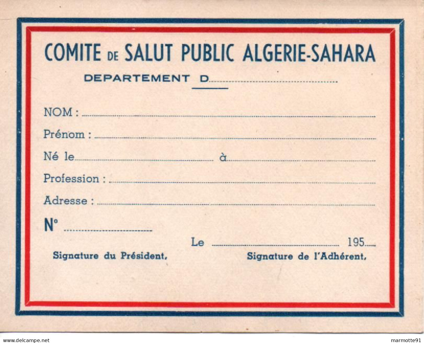 GUERRE ALGERIE COMITE SALUT PUBLIC SAHARA  CARTE DE MEMBRE - Documents
