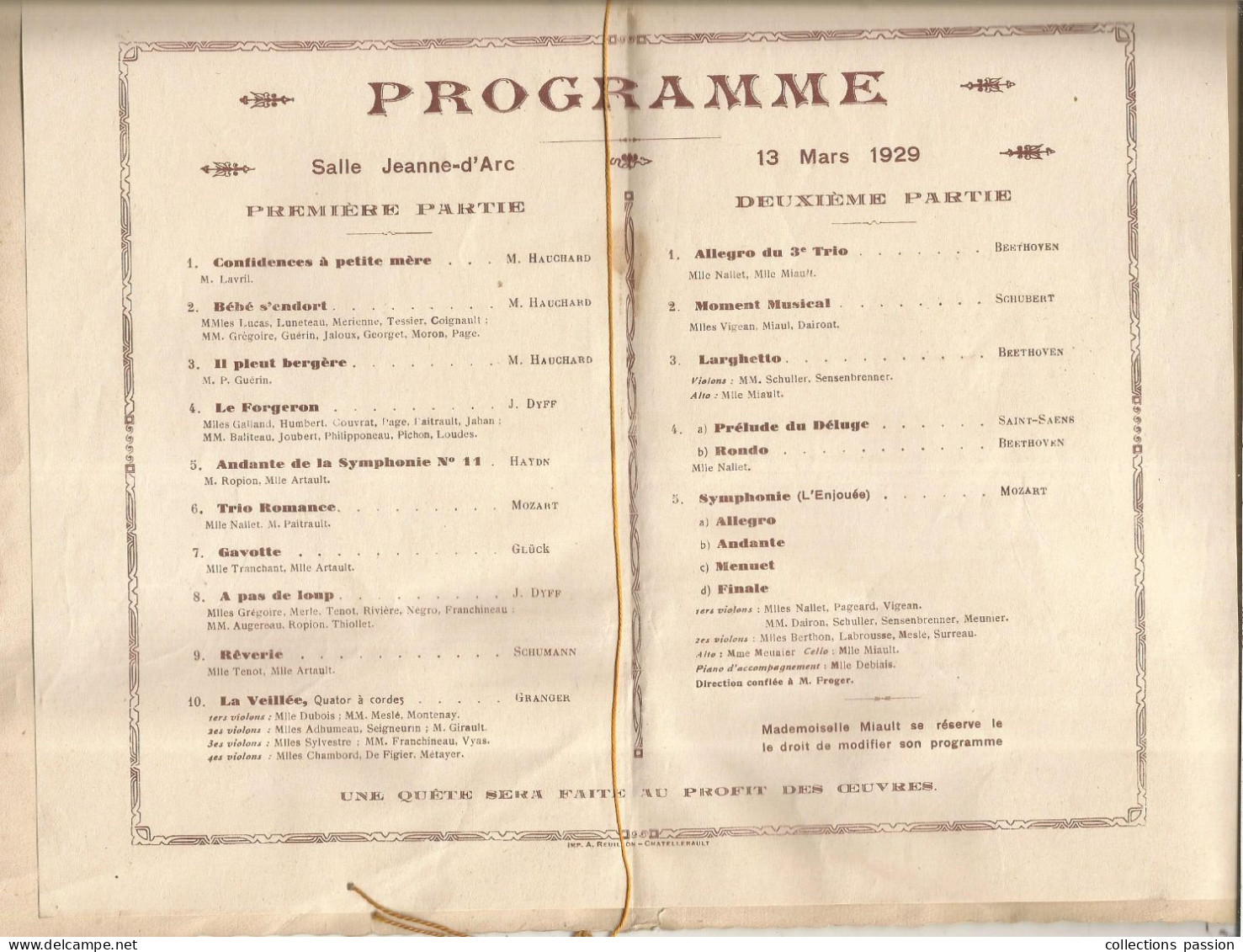 Programme, Fête Patronale 1929 ,CHATELLERAULT,  Salle Jeanne D'Arc,aquarelle, 2 Scans, Frais Fr 2.45 E - Programme