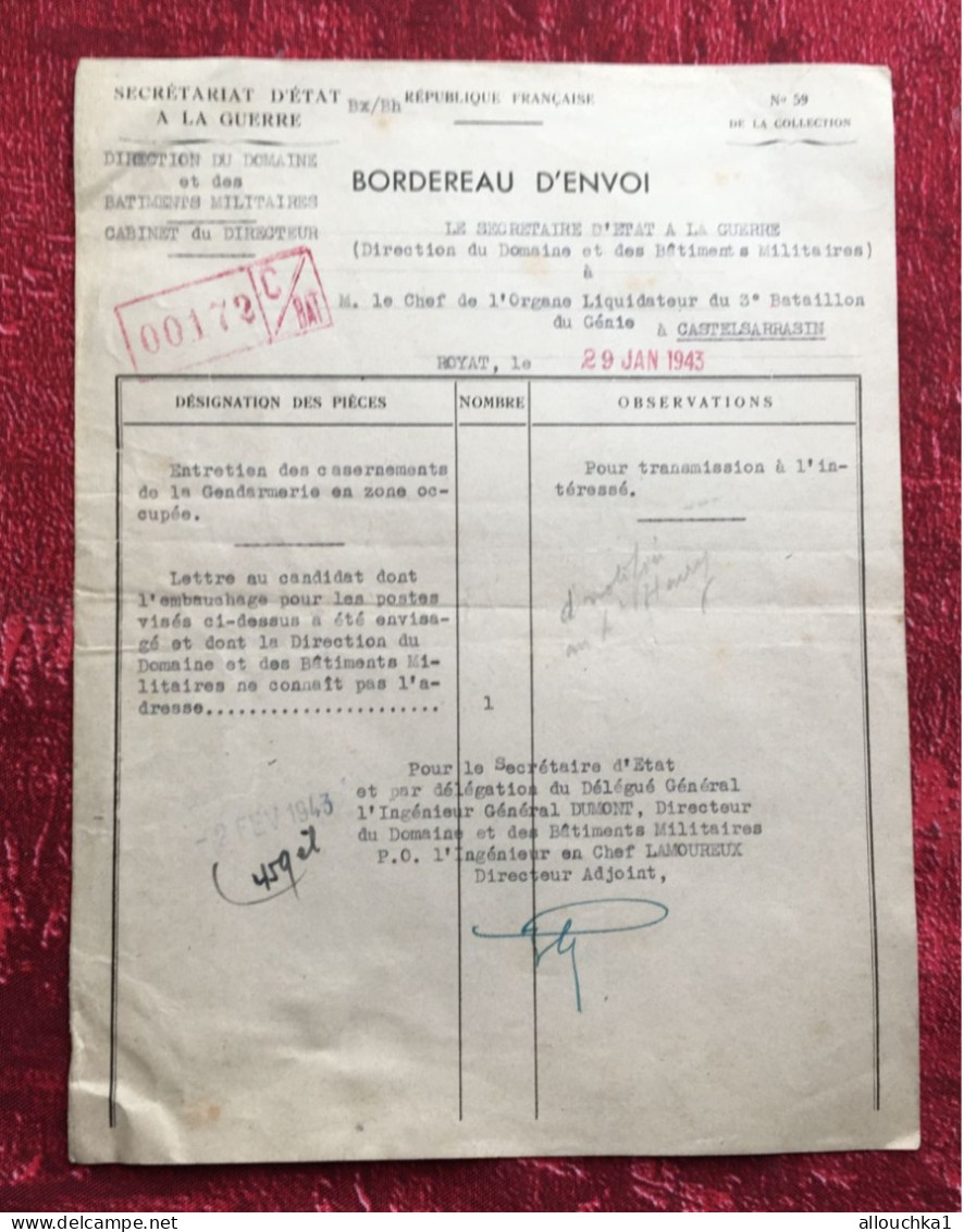 WW2-Secretariat D' Etat A La Guerre:Organe Liquidateur 3é Bataillon Génie-Document-Militaria-domaine Bâtiment Militaire - Documents