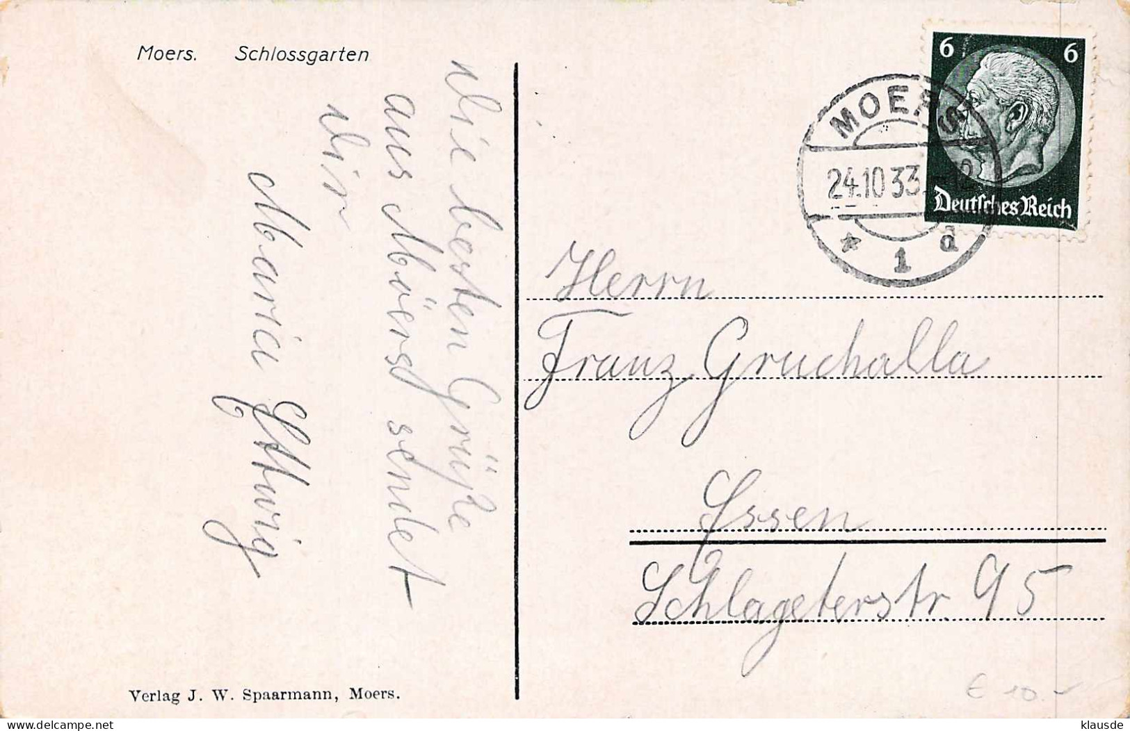 Moers - Schlossgarten Gel.1933 - Mörs