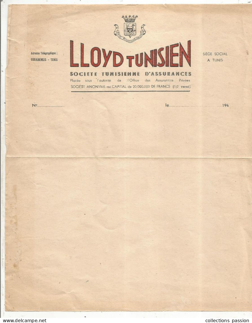 Papier En Tête,LLOYD TUNISIEN, TUNISIE, Tunis Guerinensis ,année 40, Frais Fr 1.85 E - Other & Unclassified