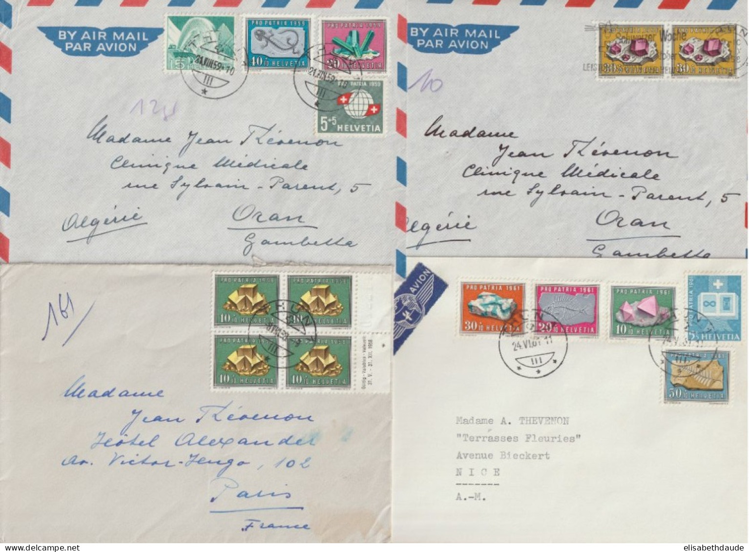 SUISSE - 1958/1961 - PRO-PATRIA - 6 ENVELOPPES De THUN / GENEVE (COIN DATE !) => ORAN (ALGERIE) - MINERAUX / FOSSILES - Covers & Documents