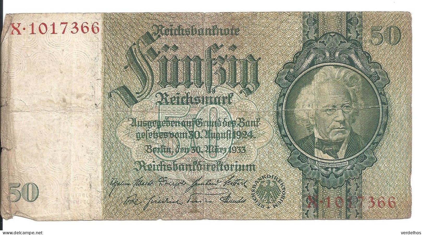 ALLEMAGNE 50 REICHSMARK 1933 VG+ P 182 - 50 Mark