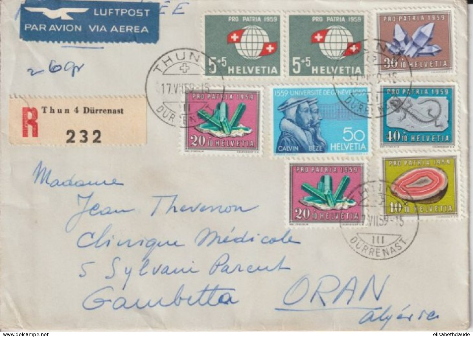 SUISSE - 1959 - PRO-PATRIA - ENVELOPPE RECOMMANDEE AVION ! De THUN DÜRRENAST => ORAN (ALGERIE) - MINERAUX / FOSSILES - Storia Postale