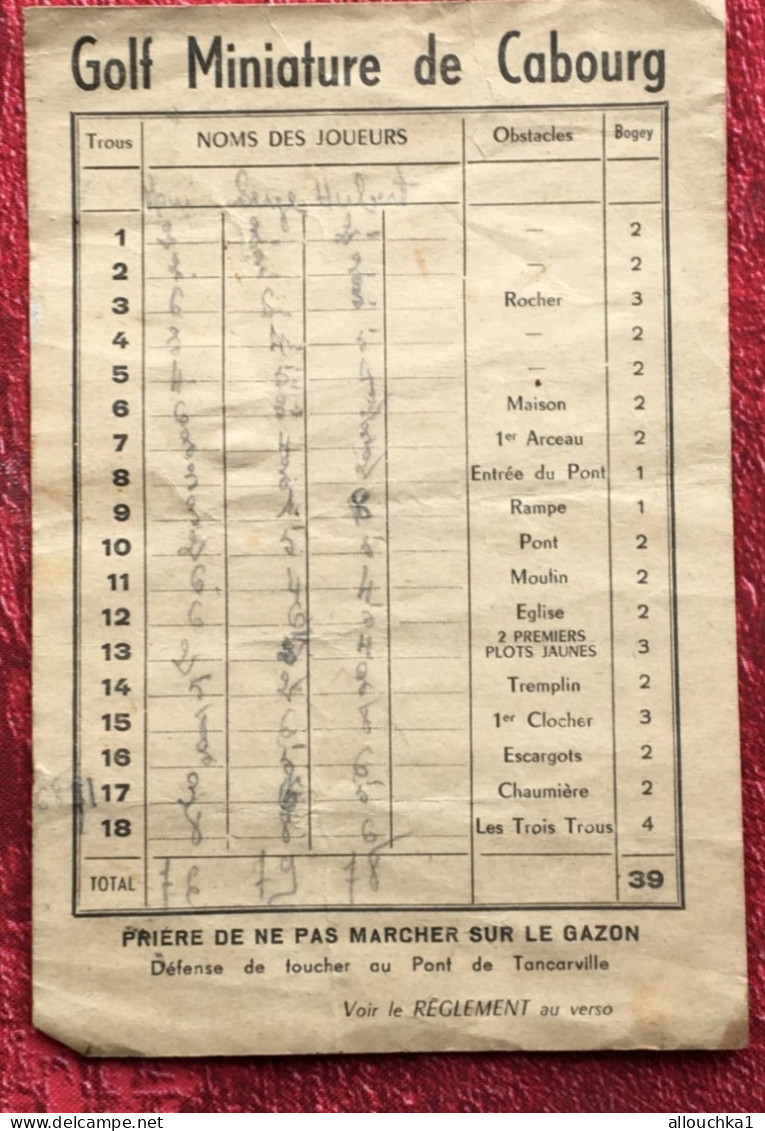 Golf Miniature De Cabourg Carte Scores Des Joueurs Inscrit A Jouer Noms Obstacles-Bogey-Nombre Trous (18)Règlement Verso - Tarjetas