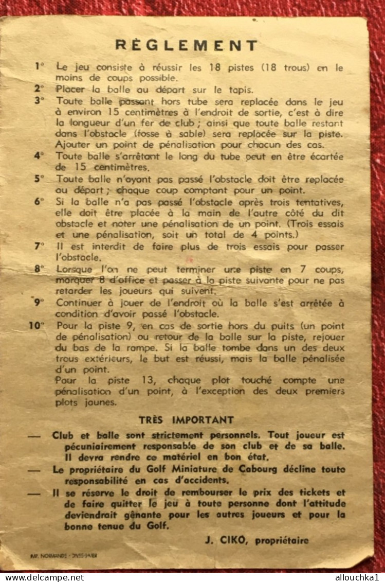 Golf Miniature De Cabourg Carte Scores Des Joueurs Inscrit A Jouer Noms Obstacles-Bogey-Nombre Trous (18)Règlement Verso - Tarjetas