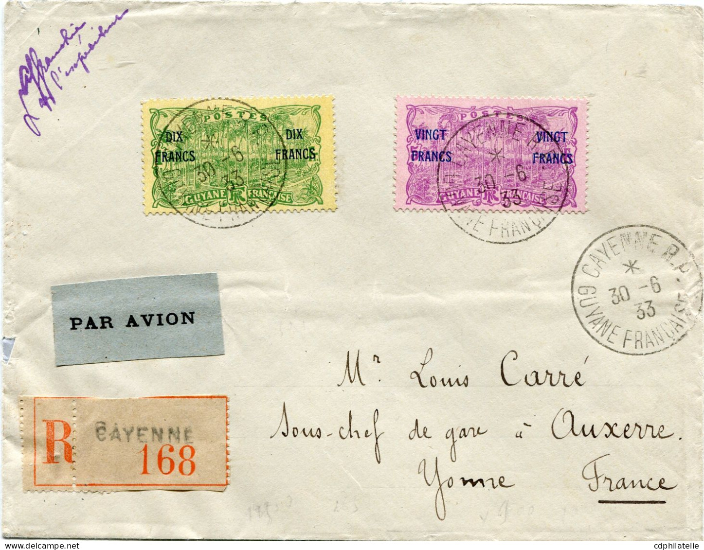 GUYANE LETTRE RECOMMANDEE PAR AVION DEPART CAYENNE 30-6-33 GUYANE FRANCAISE POUR LA FRANCE - Brieven En Documenten