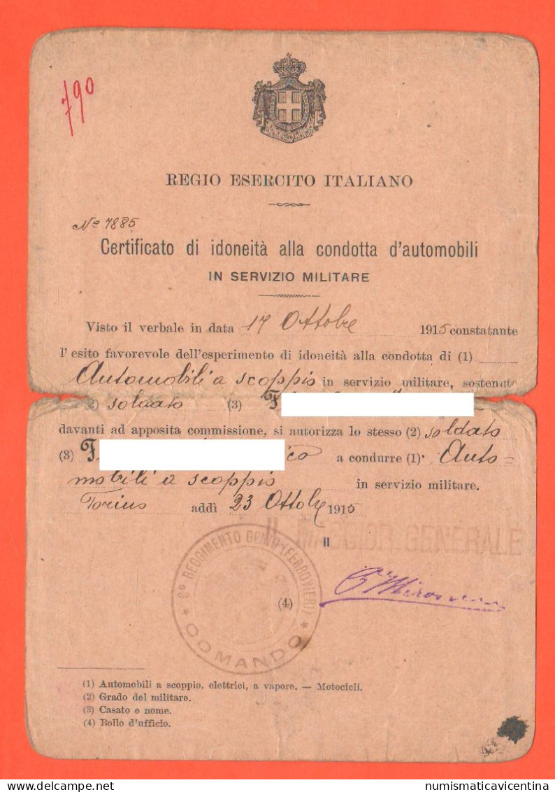 Cars Italia Patente Guida Auto 1915 Ottobre Regio Esercito Genio Ferrovieri Permis De Conduir Voitures à Essence - Documents