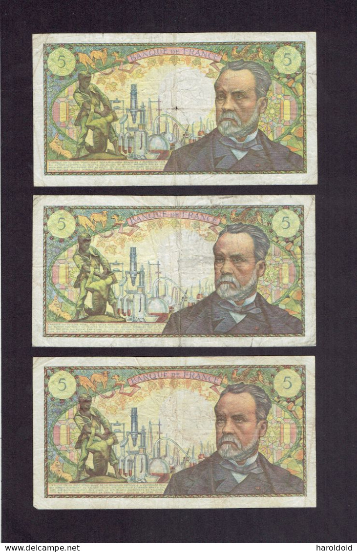 FRANCE - 3 BILLETS 5 F PASTEUR - G.7-7-1966.G. - E.5-5-1967.E. - F.6-2-1969.F. - 5 F 1966-1970 ''Pasteur''