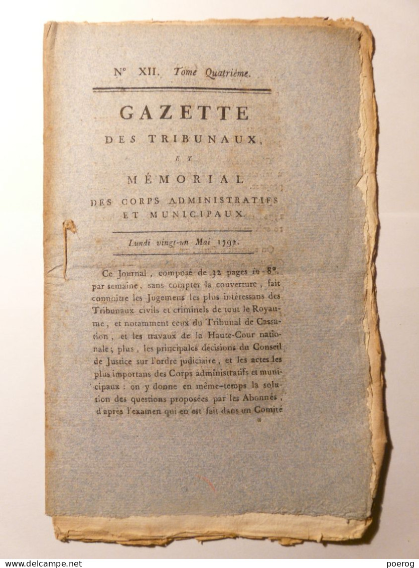 GAZETTE DES TRIBUNAUX 21 MAI 1792 - BAS RHIN RELIGION - AIN FPURNISSEUR ARMEE - AFFAIE SMITH DEWILH BRITANNIQUES - Kranten Voor 1800