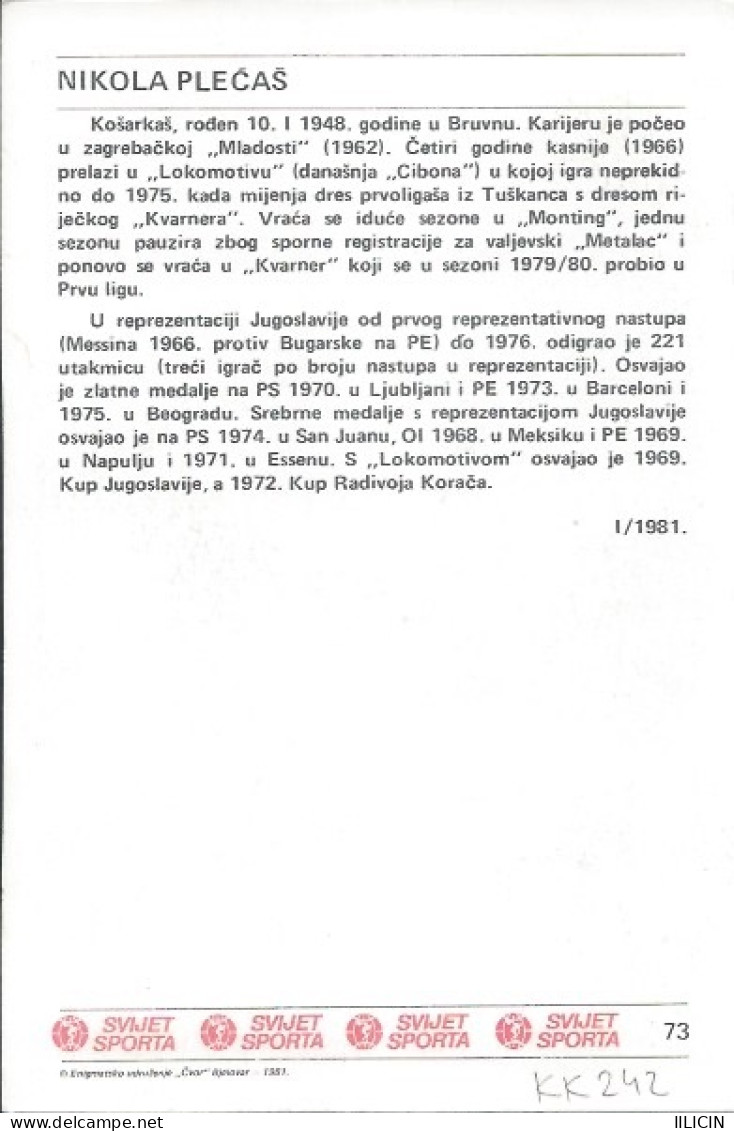 Trading Card KK000242 - Svijet Sporta Basketball Yugoslavia Croatia Nikola Plecas Lokomotiva Zagreb 10x15cm - Autres & Non Classés