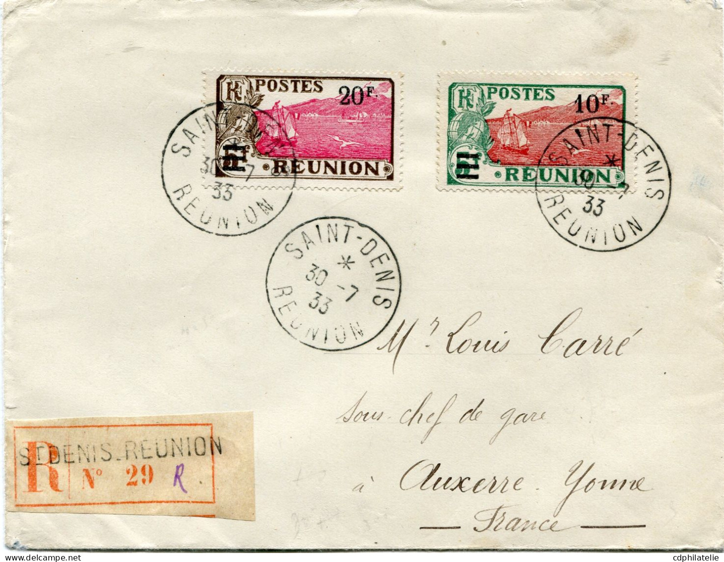 REUNION LETTRE RECOMMANDEE DEPART SAINT-DENIS 30-7-33 REUNION POUR LA FRANCE - Storia Postale